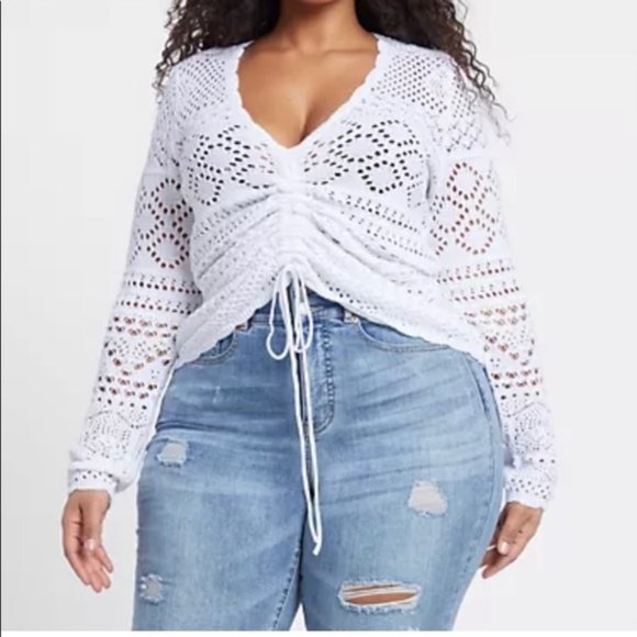 # 36 Ensley Pointelle Knit Drawstring Sweater in White - Picture 1 of 3